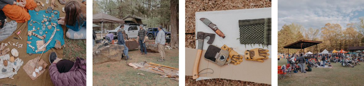 A series of four images. The first is lithic scatter, the second is a group of people talking, the third is an axe, knife, gloves, and a shemagh, and the fourth is a group of people sitting under a pavilion, listening to live music.