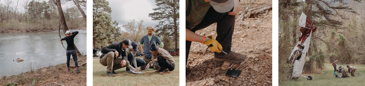 A series of four photos. The first is a woman firing a traditional bow at a 3D fish target. The second is a group of people studying a map. The third is a man striking a firesteel with a knife. The fourth is a crashed plane, and competitors treating a patient in a medical scenario.