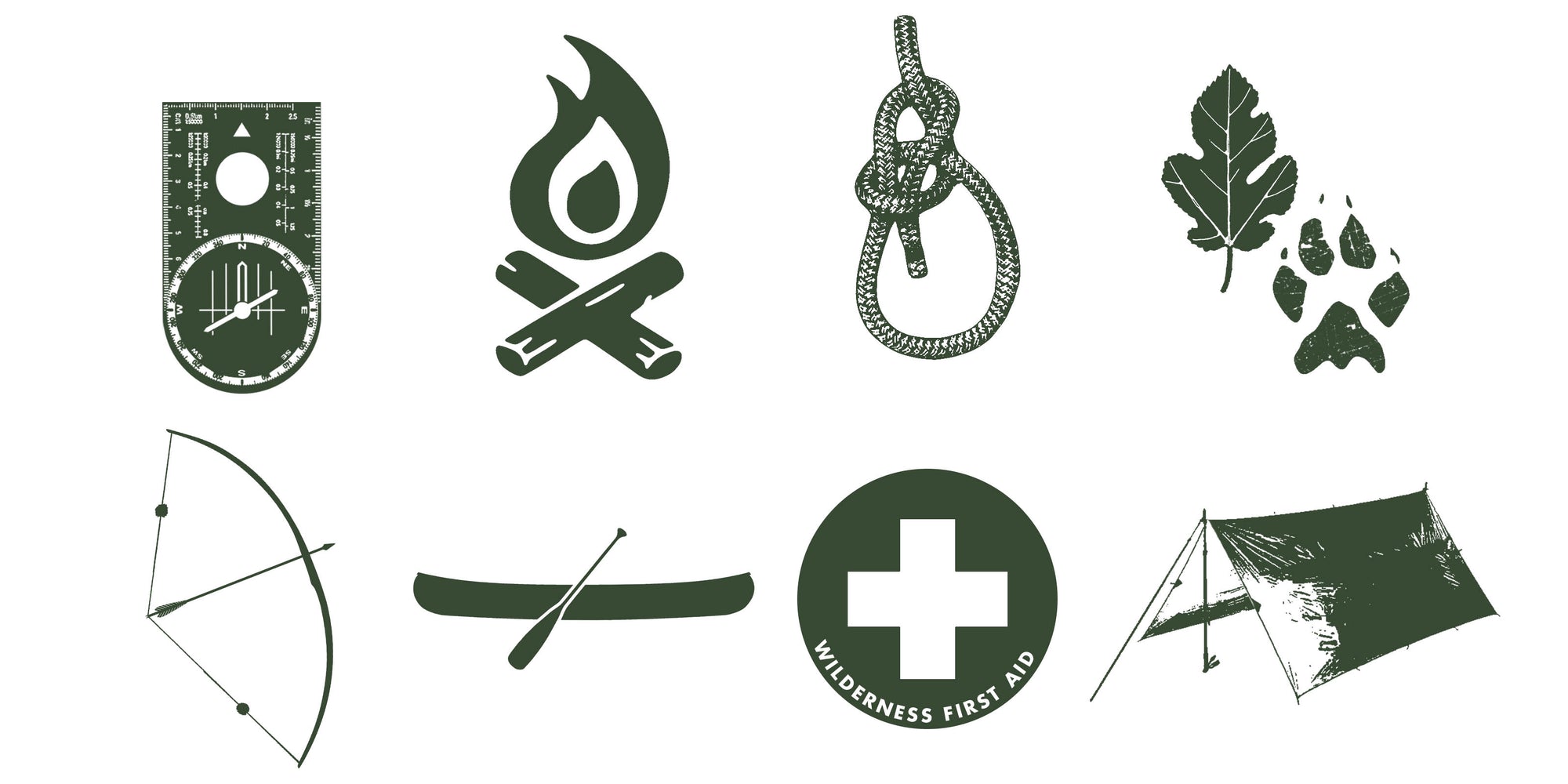 A series of monochrome graphics showing a compass, fire, rope and knots, a leaf and animal footprint, a traditional bow, a canoe, wilderness first aid, and a tarp tent.