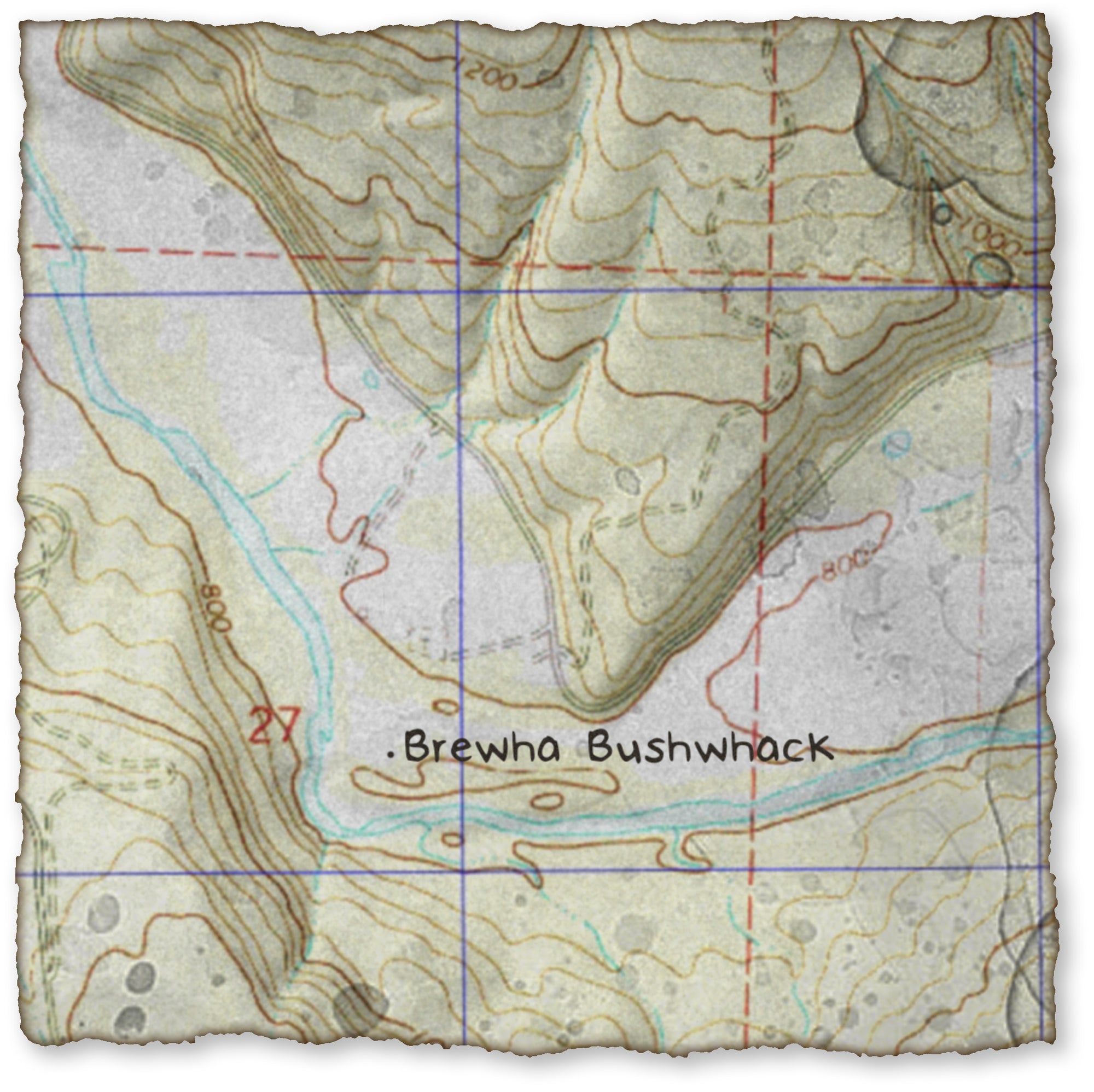 A worn topographical map with jagged, torn edges. The map depicts an aerial view of the Mulberry River valley at Byrd's Adventure Center, and has a spot marked "Brewha Bushwhack."